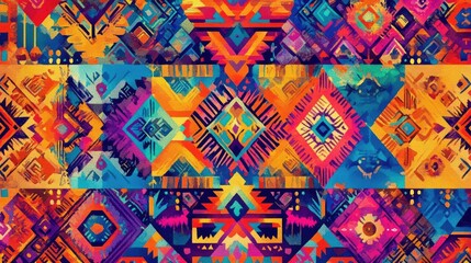 Vibrant aztec mosaic background in a seamless design, perfect for creative projects. The colorful aztec mosaic pattern offers versatility and texture with ample copy space.