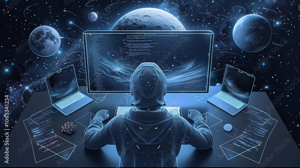 Aufkleber a developer focuses on coding at a desk, surrounded by glowing screens and an imaginative view of sp