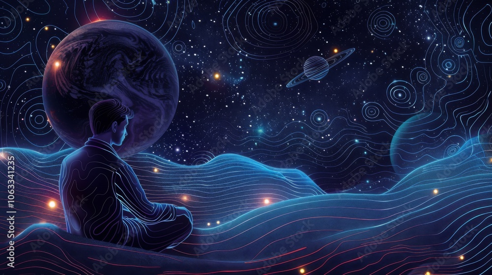 Poster a developer is immersed in coding, surrounded by imagery of planets and stars in a serene cosmic env