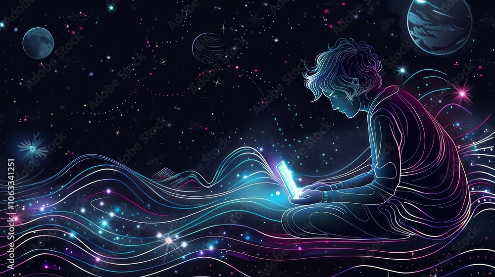 Aufkleber a developer focuses on coding on a laptop while surrounded by a vibrant cosmic environment filled wi