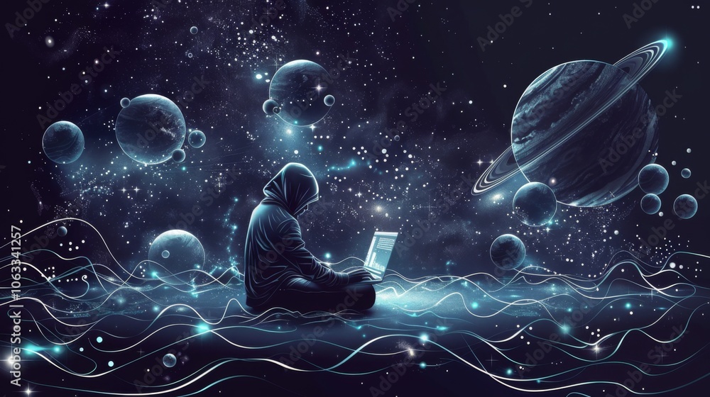 Poster a developer focused on coding sits alone, surrounded by swirling galaxies and planets in a stunning 