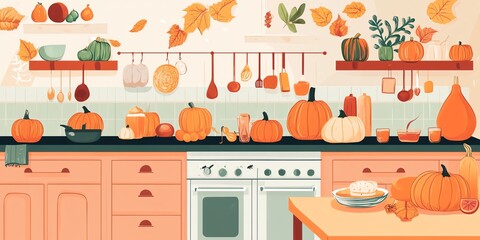 Seasonal pumpkin recipes, cozy kitchen scene, flat design illustration