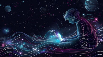 A developer focuses on coding on a laptop while surrounded by a vibrant cosmic environment filled with planets and stars. Generative AI