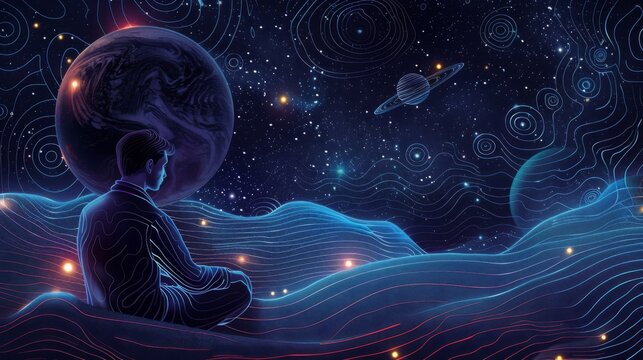 A developer is immersed in coding, surrounded by imagery of planets and stars in a serene cosmic environment at night. Generative AI