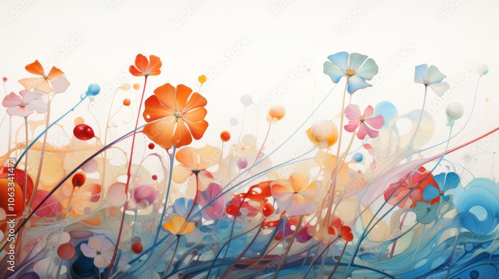 Poster a vibrant arrangement of abstract flowers in soft hues blends seamlessly with a gentle gradient back