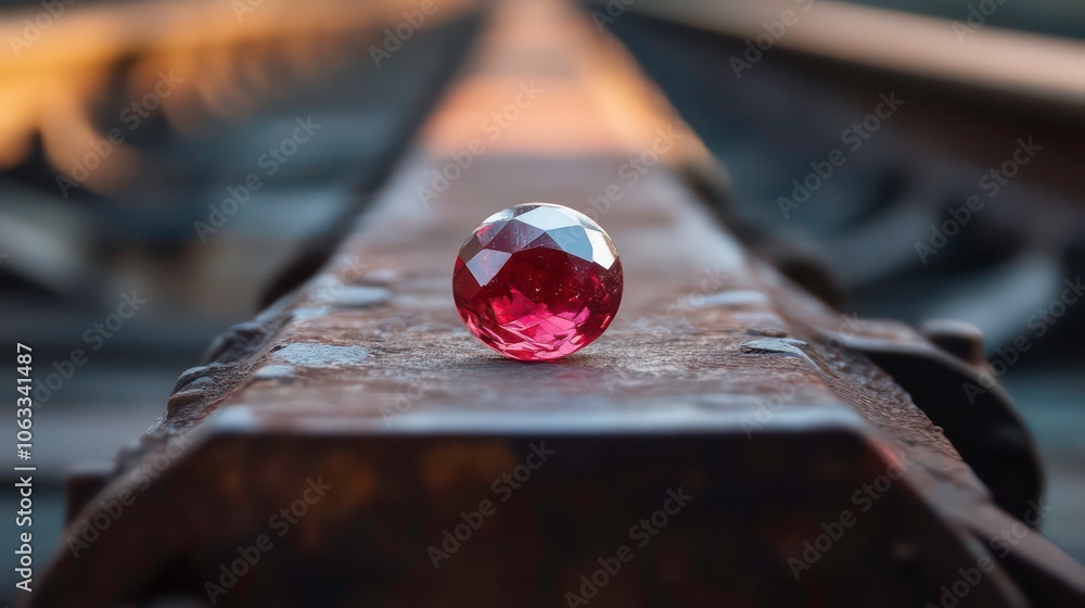 Poster a faceted pink gem resting on a rusty railway track, highlighting contrast between nature and indust
