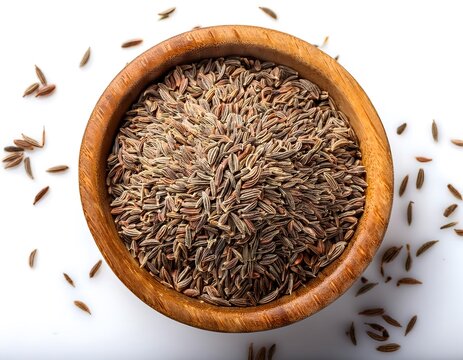 High-quality macro of cumin seeds spilling out of a wooden bowl on a white background