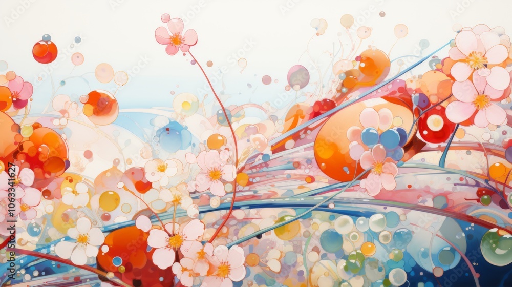 Poster a vibrant composition features delicate flowers and colorful bubbles blending harmoniously, creating