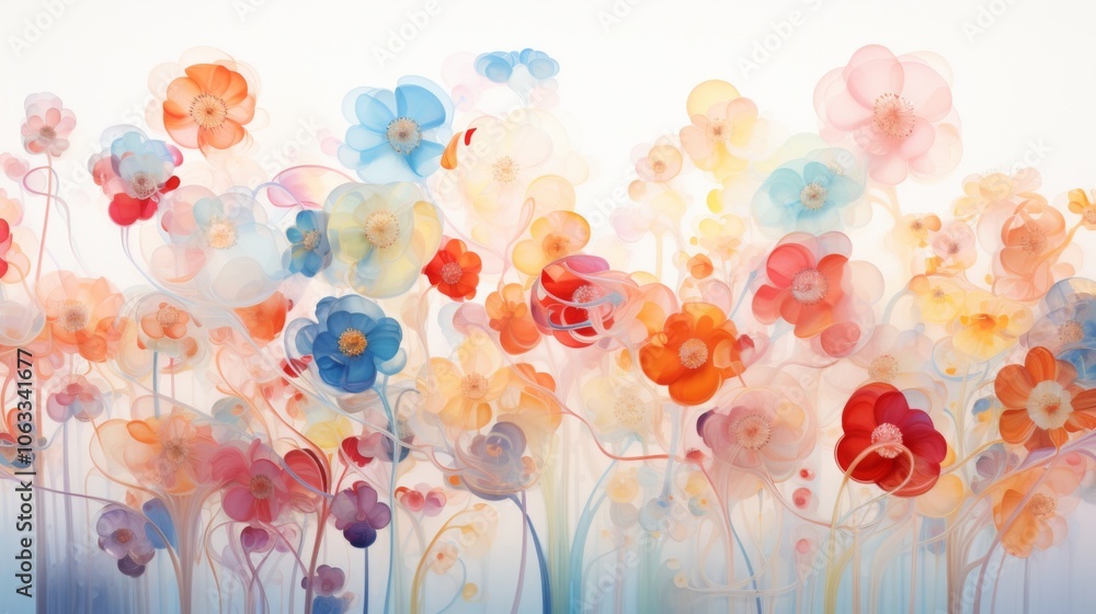 Poster the artwork features a colorful collection of transparent flowers against a light backdrop, creating