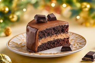 Watercolor image of a slice of chocolate cake, with rich browns and creamy textures on a plate, creating a warm, comforting scene