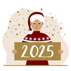 A woman in a Christmas red hat with snowflakes holds a Happy New Year 2025 card. Vector flat illustration