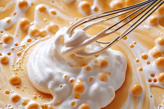 Watercolor image of a whisk mixing pancake batter, with soft colors and creamy textures creating a cozy, homemade feel