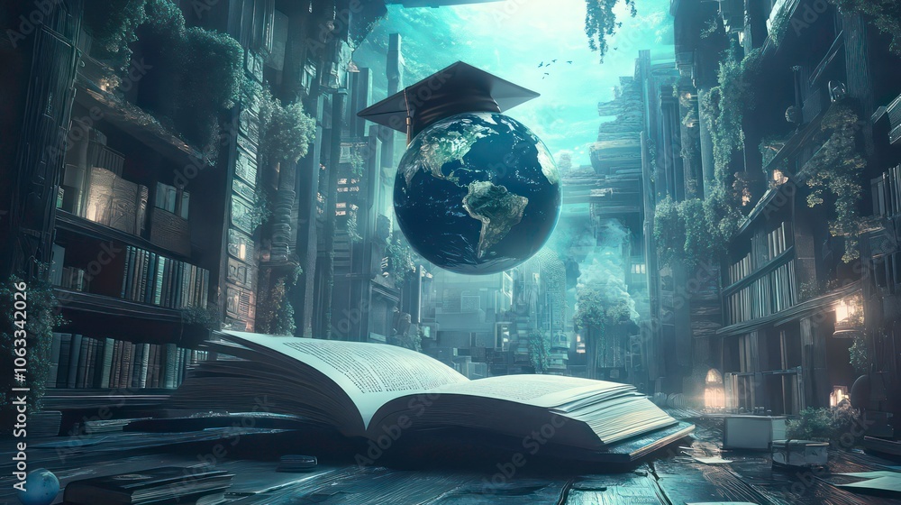 Aufkleber A surreal scene featuring a floating globe above an open book in a library setting.