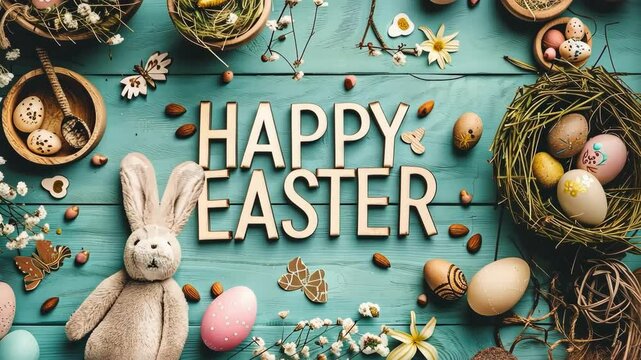 "HAPPY EASTER" message with decorative elements and Easter eggs on a turquoise wooden surface