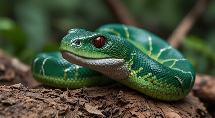 Fototapeta premium Vibrant Green Eyelash Viper Snake with Red Eyes on Wood