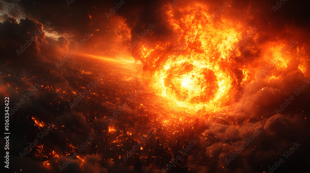 Poster A dramatic image depicting a massive,intense fiery explosion creating an apocalyptic scene of destruction and chaos in the sky. The scene is filled with turbulent,volatile flames,searing heat.