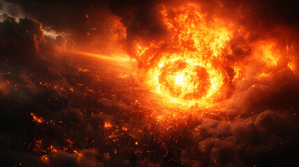 A dramatic image depicting a massive,intense fiery explosion creating an apocalyptic scene of destruction and chaos in the sky. The scene is filled with turbulent,volatile flames,searing heat.