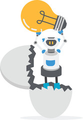 Fototapeta premium Glowing light bulb leads the robot to fly outside the egg