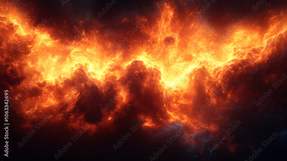 Poster a dramatic image depicting an intense,fiery blaze with scorching flames,explosive a cataclysmic disa