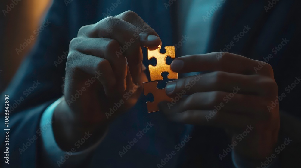 Poster Teamwork and partnership concept. Businessman hold jigsaw puzzle pieces with teamwork icon. Business solution. Development. Unity and cooperation, Strategy and target of business growth concept