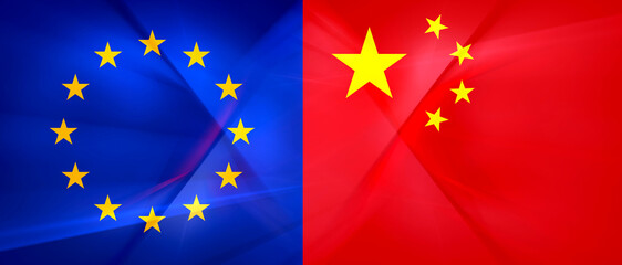 Europe and China, flag of the European Union and the chinese flag, blue and red background creative