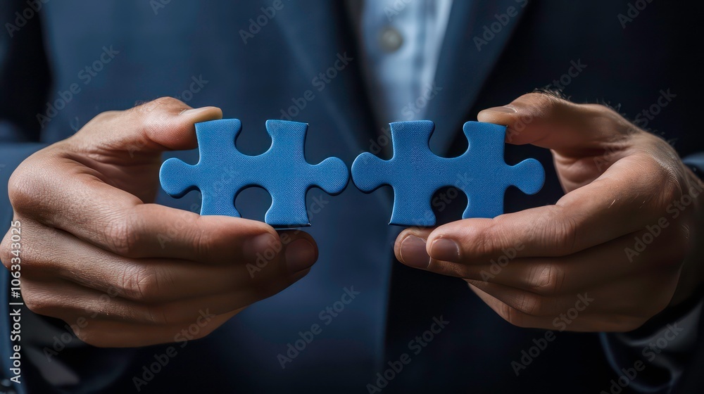 Poster Two hands holding matching blue puzzle pieces, symbolizing connection and problem-solving.