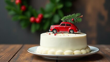 Fototapeta premium holiday dessert with a playful Christmas theme, featuring a red car with a tree and a decorative wreath