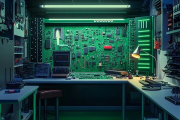 A vibrant electronics workshop showcasing intricate circuit boards at dusk. Generative AI