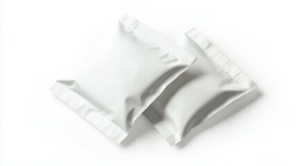 Fototapeta premium Blank white sachet packet isolated on white. Small pack sachet mockup.