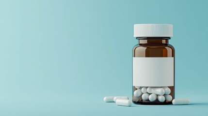Brown glass pill bottle with blank label and white capsules on a light blue background, representing medication design.