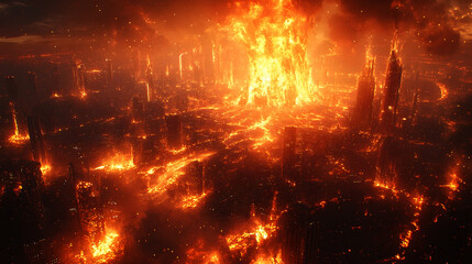 Fototapeta premium Apocalyptic cityscape with skyscrapers and high-rise buildings consumed by a raging inferno,with intense flames,billowing smoke,and a dramatic,fiery explosion lighting up the urban landscape.