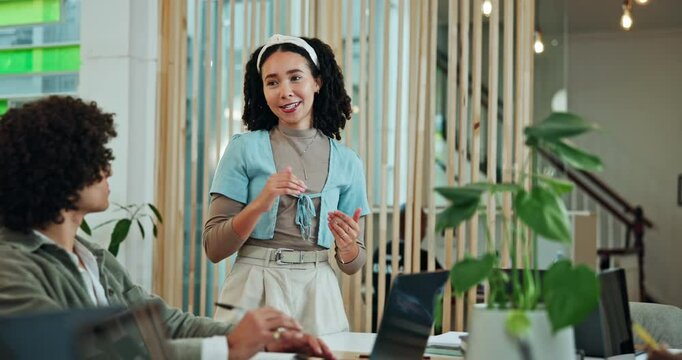 Business woman, team and presentation for training, coaching or pitch ideas in creative startup. Presenter, happy manager or learning in office meeting for public relations, press release or proposal