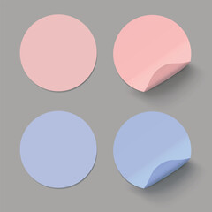 Vector set of color realistic round paper adhesive stickers with curved corner on transparent background.