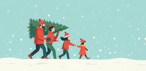Naklejka premium Joyful family moments during Christmas. Children and parents alike are filled with joy as they bring home their holiday tree.