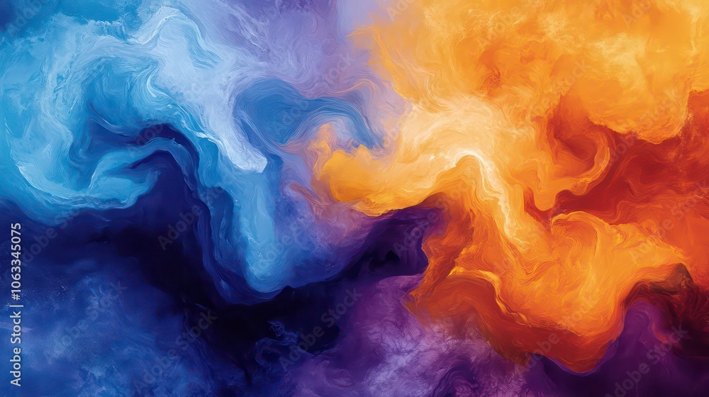 Poster abstract swirling colors of blue, orange, and yellow, creating a dynamic visual effect.