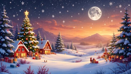 Fototapeta premium Christmas scene in snowy forest under starry sky background 