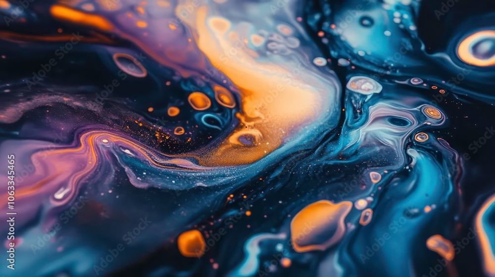 Poster The abstract fluid art painting is a visually dynamic composition with vibrant swirling patterns in blue, orange, and purple hues