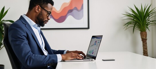 Financial data processing with an African American man utilizing a laptop at his workplace
