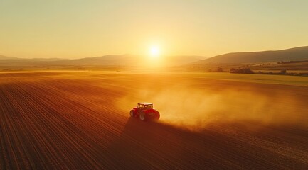 Fototapeta premium A red tractor plows the field, in the golden hour, with an aerial view