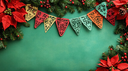 Bright papel picado banners with small Christmas symbols in festive colors, arranged on a muted sage background with tiny poinsettia flowers, blank space for text writing
