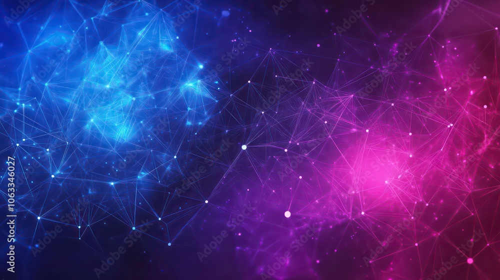 Poster The background features a purple and blue abstract pattern, glowing geometric shapes connected by lines, a network or stock theme, and an interconnected complex pattern with triangles and dots