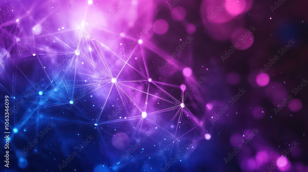 Poster The background features a purple and blue abstract pattern, glowing geometric shapes connected by lines, a network or stock theme, and an interconnected complex pattern with triangles and dots