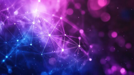 Fototapeta premium The background features a purple and blue abstract pattern, glowing geometric shapes connected by lines, a network or stock theme, and an interconnected complex pattern with triangles and dots