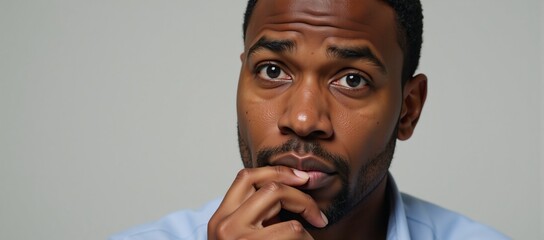 A contemplative African-American man named David ponders over difficult decisions as he solves complex problems with an air of concern and introspection