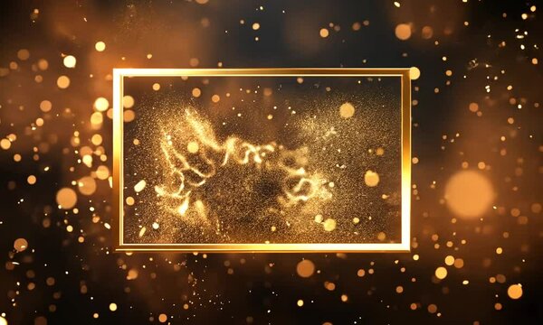 Golden rectangular frame decorated with shining golden lights isolated dark background. Copy and paste area to add products and articles. Video.