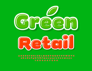 Vector business advertisement Green Retail. Glossy Red Font. Bright Alphabet Letters and Numbers set.