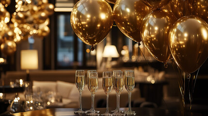 Elegant celebration with golden balloons and champagne flutes, creating festive atmosphere perfect for special occasions.
