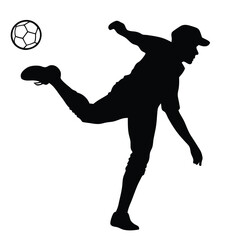 a black silhouette of a person playing soccer. The person is in the middle of kicking the ball