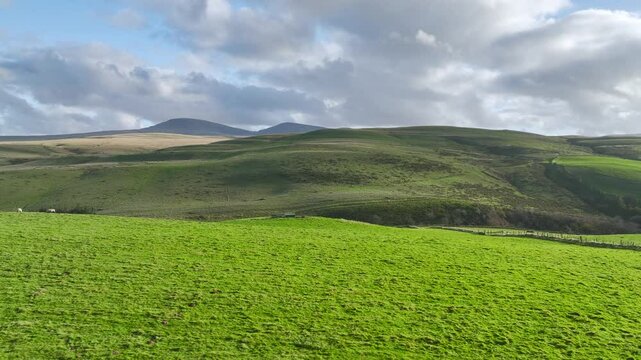 Farms over Black Mountain from a drone, Brecon Beacons National Park, Carmarthenshire, Wales, England