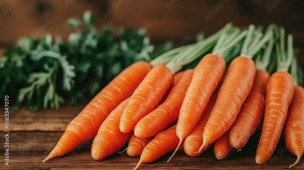 Poster closeup view of freshly harvested beta carotene rich carrots displayed on a rustic wooden table with